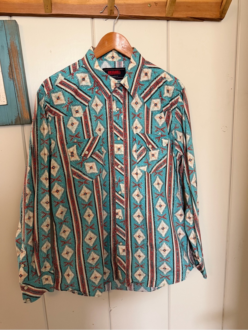 Rock & Roll Denim Mens L Turquoise Paisley Western Pearl Snap Shirt
